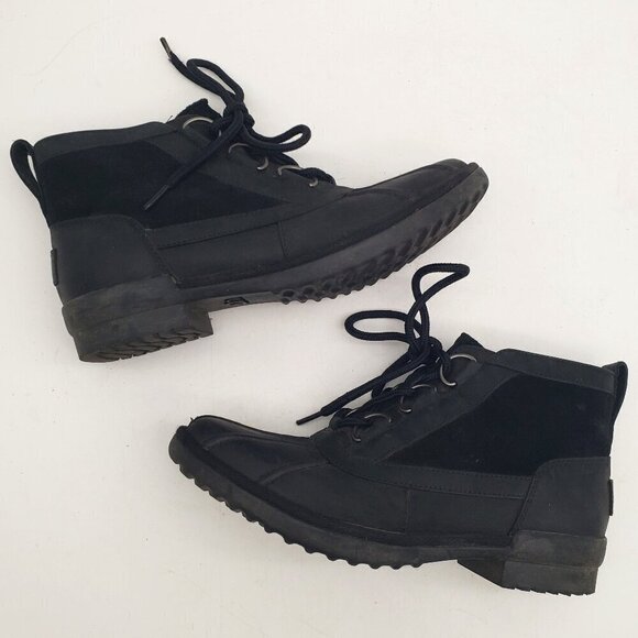 UGG Heather Black Leather Sheep Wool Waterproof Duck Boots Womens 7.5 - Picture 1 of 12